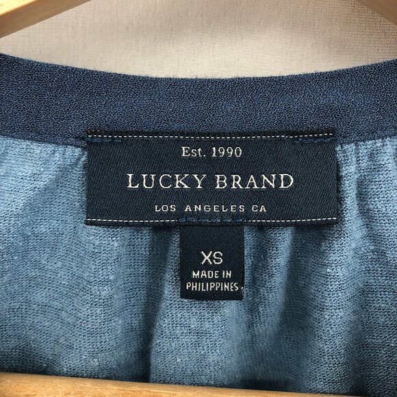 Lucky Brand tie neck shirt boho tuxedo light denim Blue prairie peasant top XS - Picture 8 of 9